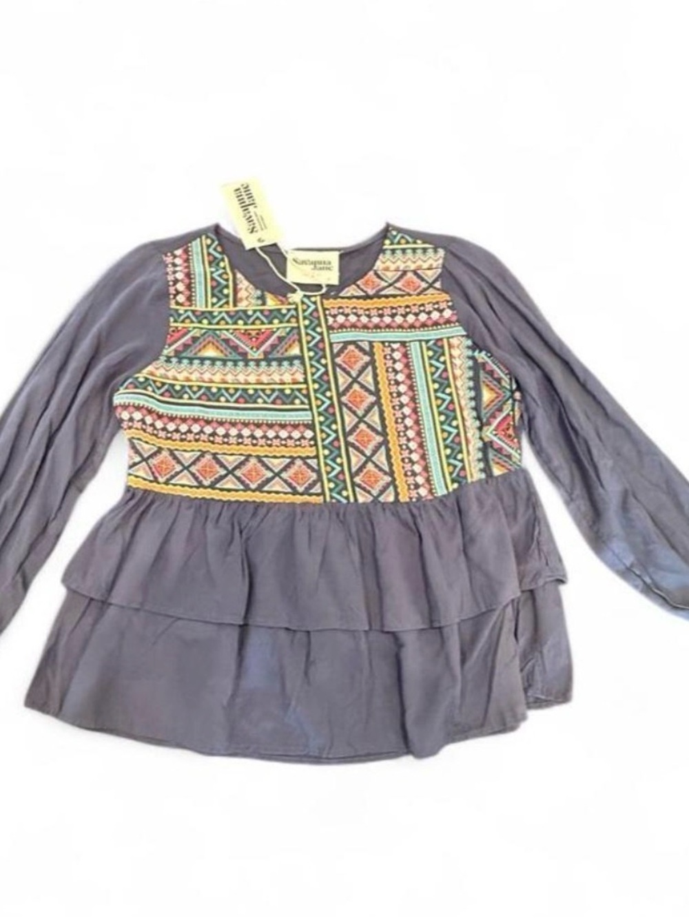 Savanna Jane Gray Long-Sleeve Top with Multicolor Embroidered Bodice